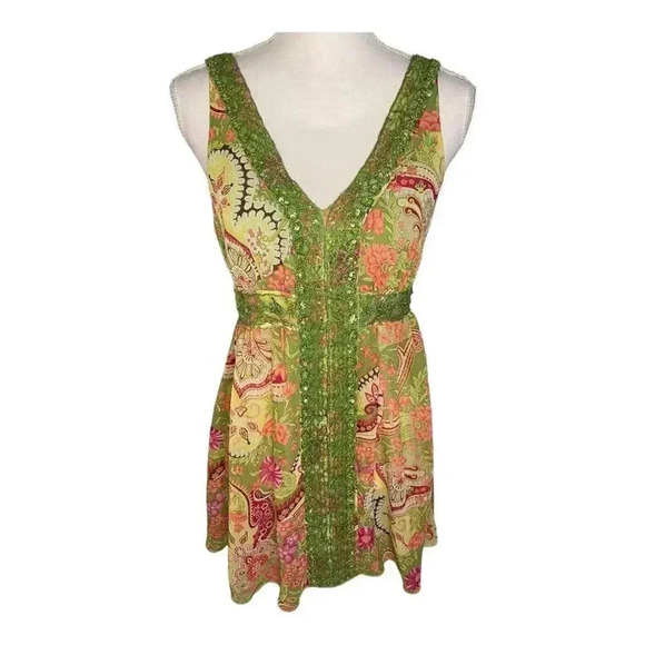 Bisou Bisou Blouse Women’s Small Green Floral Sleeveless Boho V-Neck Top - Picture 1 of 4